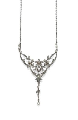 Lot 496 - An Edwardian Seed Pearl and Diamond Necklace, a floral and foliate panel of seed pearls, single cut