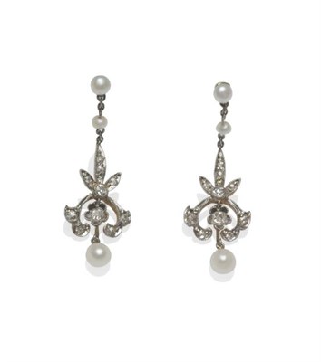 Lot 497 - A Pair of Cultured Pearl and Diamond Drop Earrings, a pearl set chain suspension to a foliate style