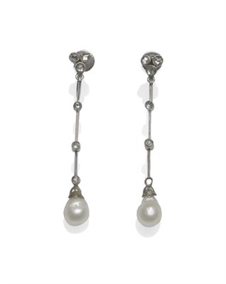 Lot 502 - A Pair of Early 20th Century Diamond and Pearl Drop Earrings, a trio of rose cut diamonds in...