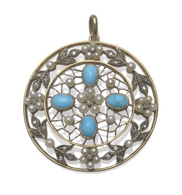 Lot 508 - A Turquoise, Pearl and Diamond Pendant, floral motifs of rose cut diamonds and seed pearls,...