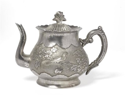 Lot 518 - A Chinese White Metal Teapot, circa 1880, of baluster form with C scroll handle and waved...