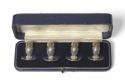 Lot 542 - A Set of Four Edward VII Silver Menu Holders, Samson Mordan & Co, Chester 1907, modelled as owls on