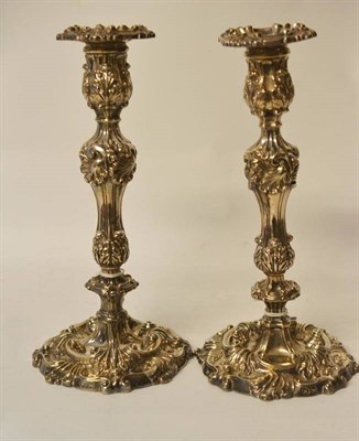 Lot 580 - A Pair of Rococo Revival Silver Table Candlesticks, John Watson, Sheffield 1817, with shell moulded