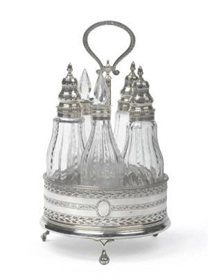 Lot 590 - A George III Silver Cruet Frame and Five Bottles, William Abdy, London 1780, the pierced...