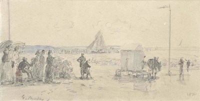 Lot 651 - Eugene Louis Boudin (French 1824-1898)   "Les Crinolines et Cabines sur la Plage " Signed and dated