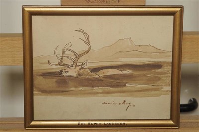 Lot 653 - Attributed to Sir Edwin Landseer RA (1802-1873)  "Deer in a Bog " Preparatory unfinished study,...