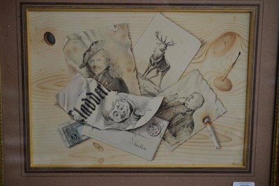 Lot 660 - P. Theodor Flugel (19th century) Tromp L'Oeil depicting a portrait of Rembrandt and other...