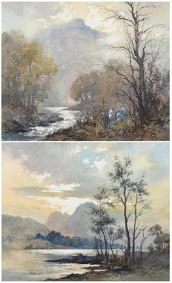 Lot 677 - Robert Leslie Howey (1900-1981) Lakeland landscape with figures beside a river; Lake scene with...