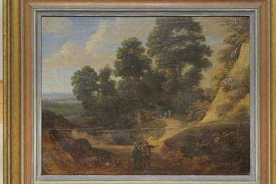 Lot 693 - Lucas Achtschelinek (1626-1699) Flemish Wooded landscape with figures on a path Oil on panel,...