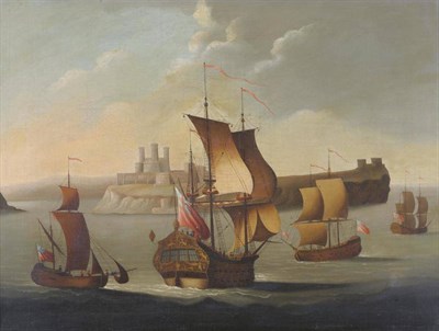 Lot 696 - Circle of Francis Swaine (1740-1782) 17th century warships and other vessels off a fortified castle