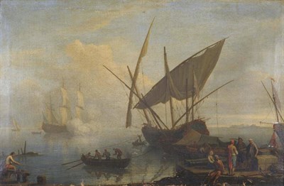 Lot 697 - Dutch School (early 18th century) Coastal scene with fishing boats and figures beside a...