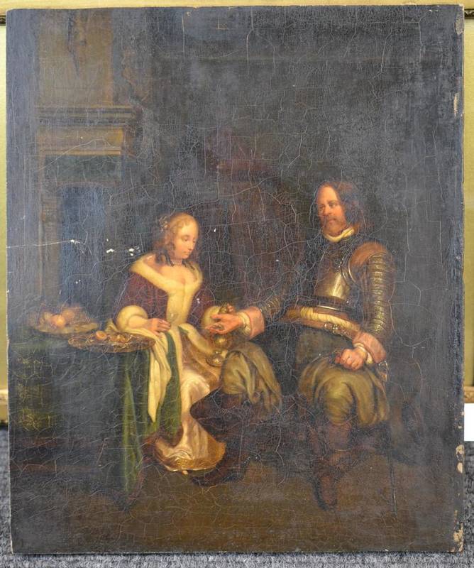 Lot 699 - Follower of Gerard Ter Borch (19th century) Interior scene with cavalier holding gold coins, a...