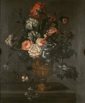 Lot 700 - Attributed to Pieter Hardime (1677-1758) Still life of carnations and other flowers in a stone...