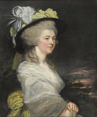 Lot 710 - James Northcote (1746-1831) Portrait of Mrs Frederick, half length, wearing a cream lace dress...