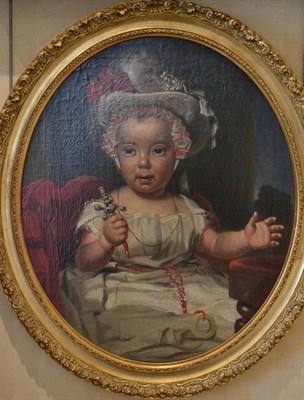 Lot 722 - Continental School (18th century) Portrait of a child, seated in a red chair holding a coral...