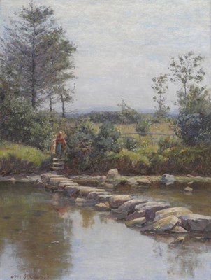 Lot 728 - John Henderson (1860-1924)  "Stepping Stones " Signed, inscribed verso, oil on canvas, 61cm by...