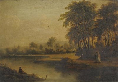 Lot 731 - Circle of Julius Caesar Ibbetson (18th/19th century)  "Woody Landscape with River and a Man Fishing