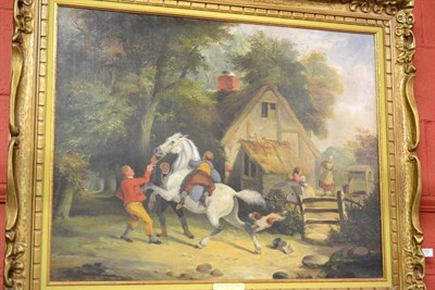 Lot 733 - Follower of William Redmore Bigg (19th century) Country scene with figures restraining a grey horse