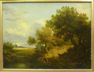 Lot 734 - Follower of Edward Charles Williams (19th century) Gypsy encampment beside a country lane Inscribed