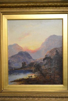 Lot 738 - George Blackie Sticks (1843-1900) Scottish loch scene at sunset Oil on canvas, 46cm by 32.5cm