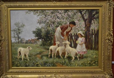 Lot 741 - A"¦Clark (19th century) Springtime, lady feeding lambs, small girl with a posy of primroses...