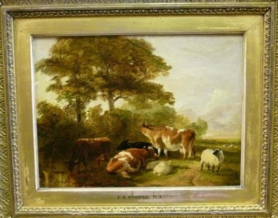 Lot 757 - Thomas Sidney Cooper (1803-1902) Cattle and sheep beside a pond Inscribed on the frame, signed...