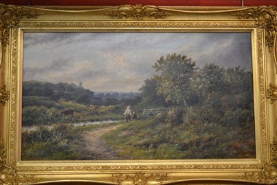 Lot 760 - Attributed to Octavius Thomas Clark (1851-1921) Summer landscape with figures beside a river Oil on