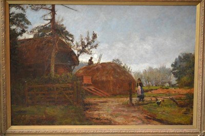 Lot 763 - John William Buxton Knight RBA, RCA, RE (1843-1908) Farmyard scene at twilight  Indistinctly...