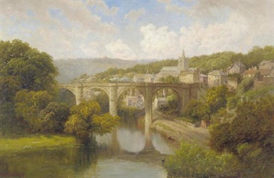 Lot 767 - Edward Henry Holder (1847-1922) View of Knaresborough with figures on the River Nidd Signed, oil on