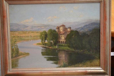 Lot 772 - Isabelle Ann Dodds-Withers (1876-1939) Figures beside a chateau by a river Signed, oil on...