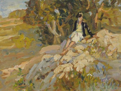 Lot 775 - Dorothea Sharp RBA, ROI, VPSWA (1874-1955)  "Cork Trees, Tossa, Spain " Inscribed verso, oil on...