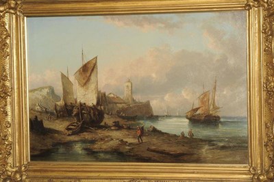 Lot 779 - Follower of John James Wilson (1818-1875) Coastal scene with figures and fishing boats at low...