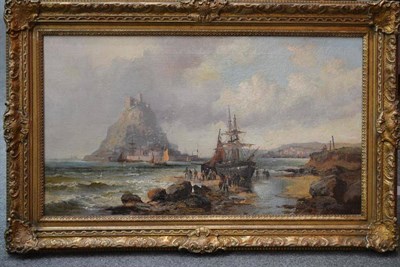 Lot 780 - Mark Anson (19th century) St Michael's Mount with figures and fishing boats on a beach at low...