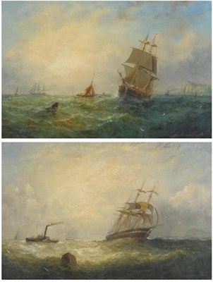 Lot 782 - Aldolphus Knell (fl.c.1860-1890) Fishing boats off a coastline; Steam tug and three masted...