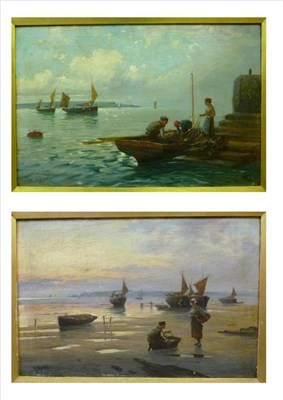 Lot 786 - H"¦.Martin (19th/20th century) Figures beside a small fishing boat on a quayside; Beach scene...