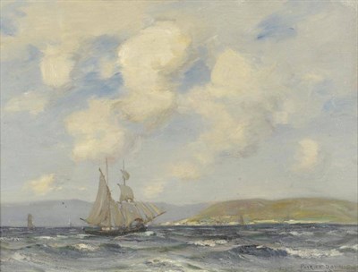 Lot 791 - Patrick Downie (1854-1945) Fishing boats off a sunlit coastline Signed, oil on canvas, 46cm by 61cm