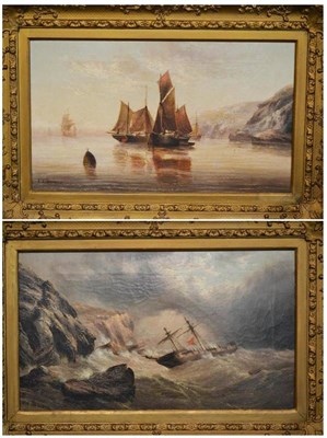 Lot 799 - Edward King Redmore (1860-1941) Figures in fishing boats off a coastline; Dismasted vessel in a...