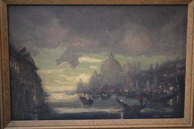 Lot 801 - James L. Brooke FIBD (1903-1973)  "Grand Canal, Venice, Evening "  Signed, inscribed verso, oil...