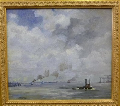 Lot 804 - Arie Leeflang (1906-1956) Dutch Tugs and other shipping off a harbour, possibly Rotterdam...