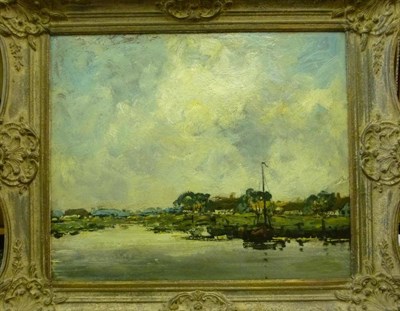 Lot 807 - Continental School (20th century) River landscape with a boat moored beside cottages Oil on...