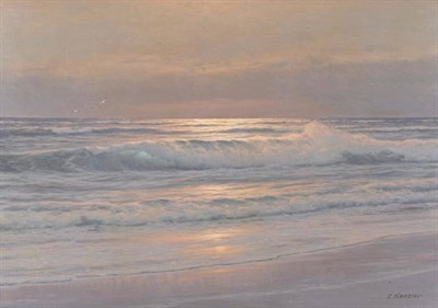 Lot 808 - Carl Kenzler (1872-1947) Waves breaking on a beach at sunrise, sea birds nearby Signed, oil on...