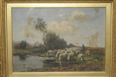 Lot 810 - Johannes Karel Leurs (1865-1938) Dutch Shepherd and sheep beside a pond Signed, oil on canvas, 36cm