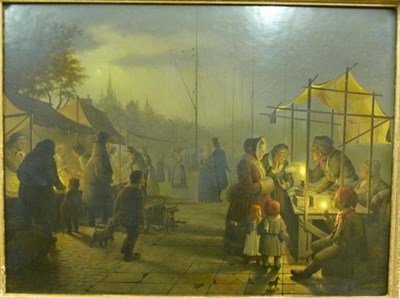 Lot 813 - Victor Goulard (20th century) Figures in a marketplace under a moonlit sky Signed, oil on...