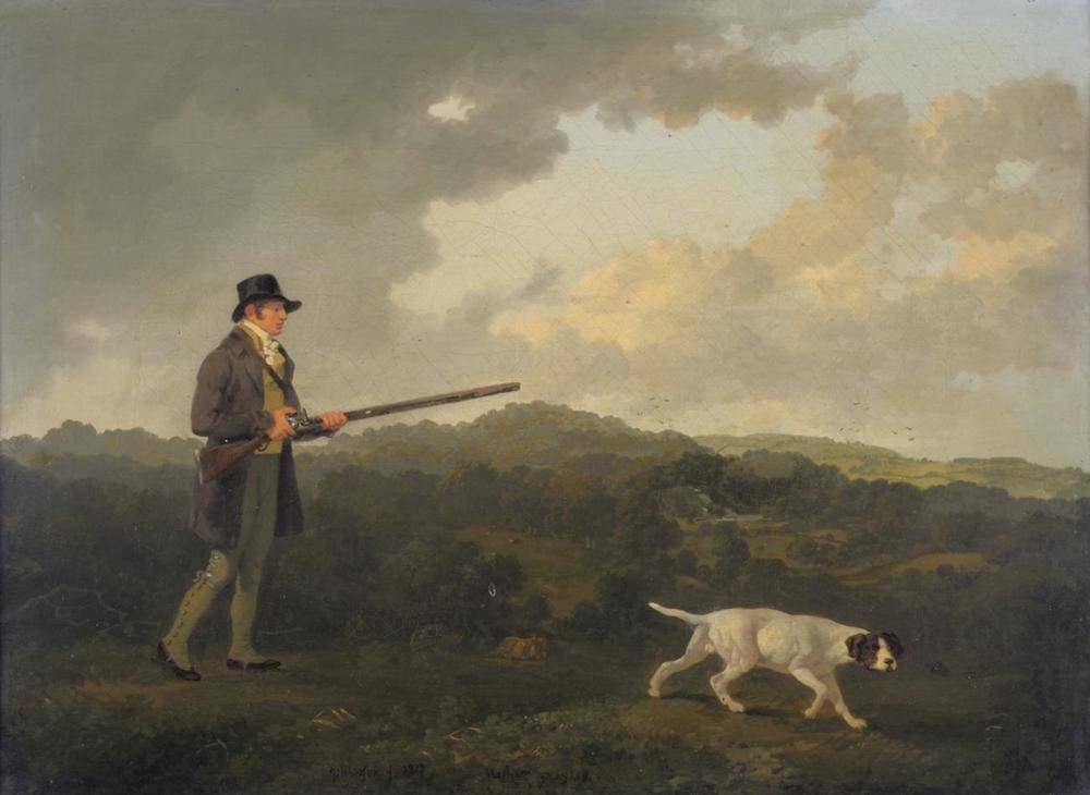 Lot 818 - Julius Caesar Ibbetson (1759-1817)  "W Danby Esq of Swinton, Yorkshire ", standing holding a gun, a