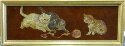 Lot 820 - Bessie Bamber (fl.1900-1910) Three kittens with a partially peeled apple Initialled, oil on...