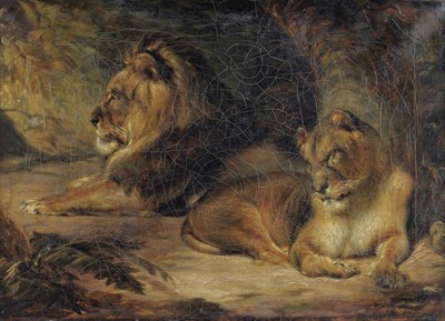 Lot 822 - William Huggins (1820-1884) Lion and lioness beside a tree Signed and dated 1841, oil on...