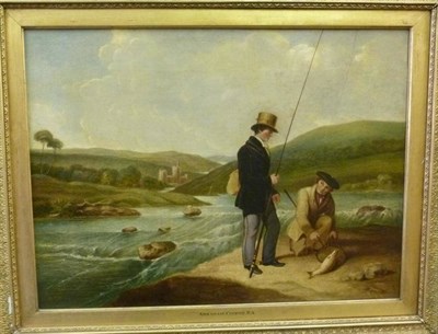 Lot 828 - Circle of Abraham Cooper RA (19th century) Anglers with the rods beside a river, a castle and hills