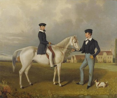 Lot 836 - English School (19th century) Young boy on a grey pony held by a young man, a dog nearby and...