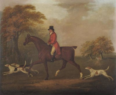 Lot 839 - John Nott Sartorius (1759-1828) James Hetherington Esq on horseback with foxhounds nearby, a figure