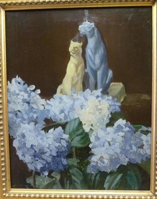 Lot 853 - William Lee Hankey RWS, RE, RI, ROI, NS (1869-1952)  Still life of Delphiniums and pottery cats...